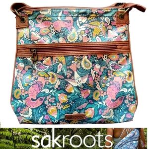 Sakroots Crossbody Bag Whimsical Print Brass Hardware Coral Blue Green